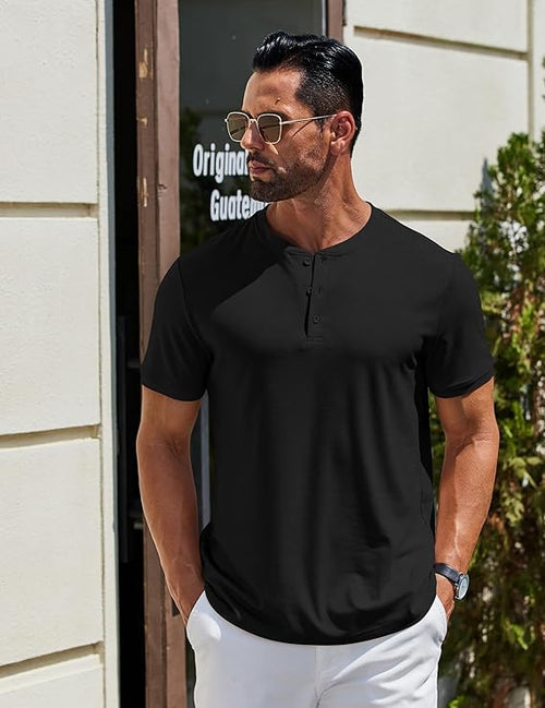 Men’s Classic Three-Button Henley Short Sleeve Cotton Shirt