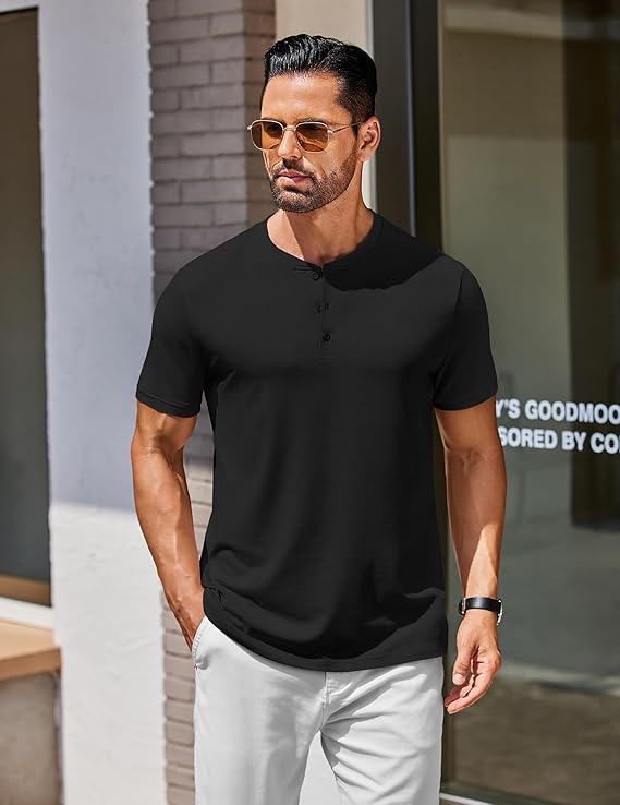 Men’s Classic Three-Button Henley Short Sleeve Cotton Shirt
