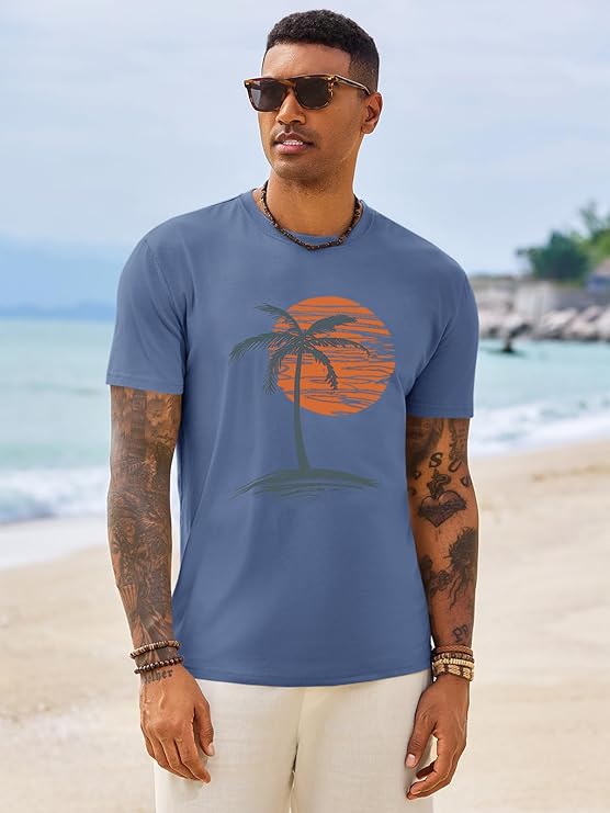 Men’s Crew Neck Sunset Palm Tree Print Short Sleeve T-shirt