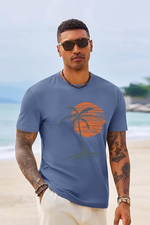 Men’s Crew Neck Sunset Palm Tree Print Short Sleeve T-shirt