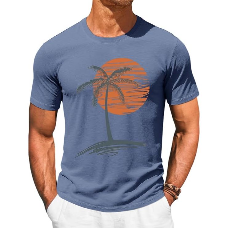 Men’s Crew Neck Sunset Palm Tree Print Short Sleeve T-shirt