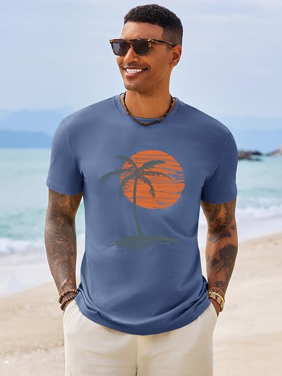 Men’s Crew Neck Sunset Palm Tree Print Short Sleeve T-shirt