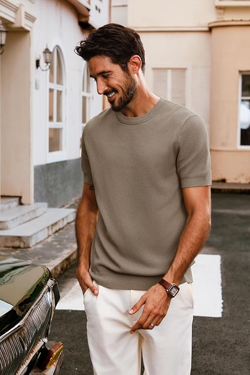 Men’s Textured Front Crew Neck Knit Short Sleeve T-shirt