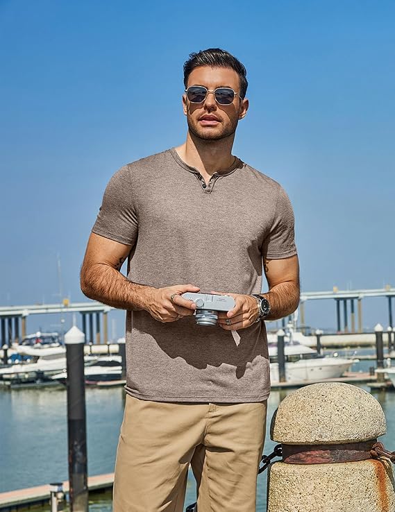Men’s Vintage Double-Button V-Neck Short Sleeve T-shirt