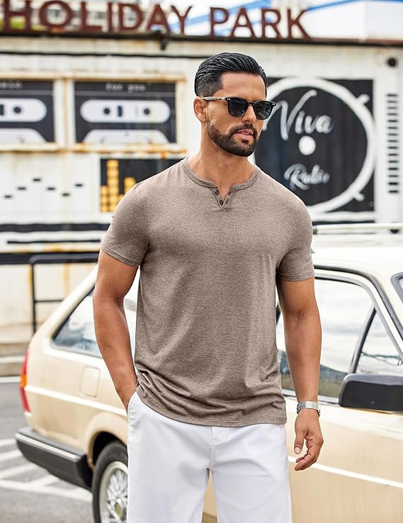 Men’s Vintage Double-Button V-Neck Short Sleeve T-shirt